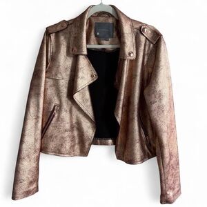 Anthropologie Brisa Metallic Cropped Faux Leather Moto Jacket Rose Gold (Large)